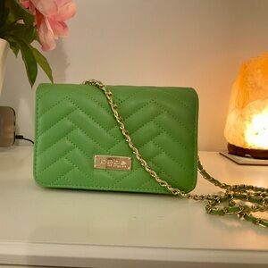 Bebe Quilted Green Crossbody Bag with Gold Chain